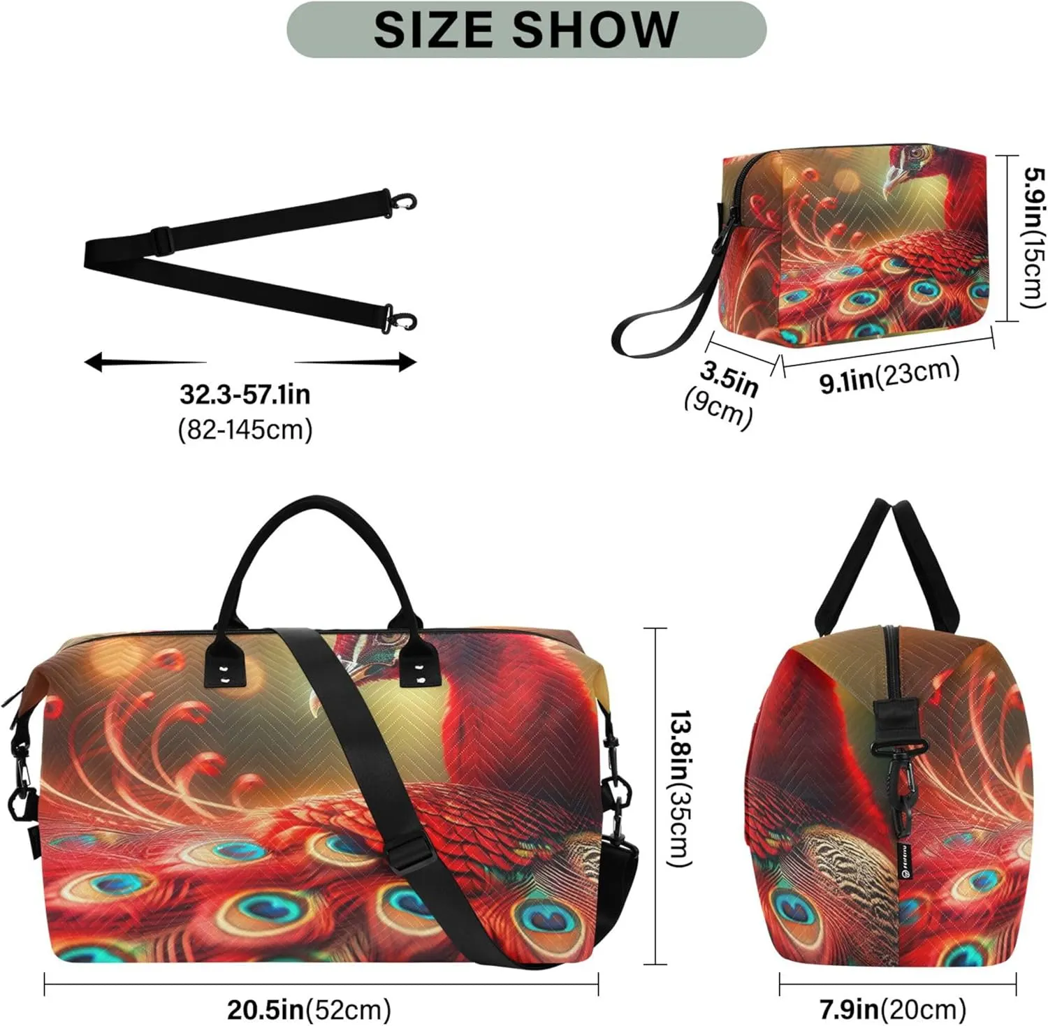 Peacock Feather Cute Travel Duffel Bag Toiletry Pouches Set of 2, Cartoon Women Luggage Bag Overnight Bag