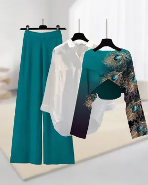 Peacock Feather Embellished Two-Piece Set | Green | Artistic Gatherings | Silk and Cotton