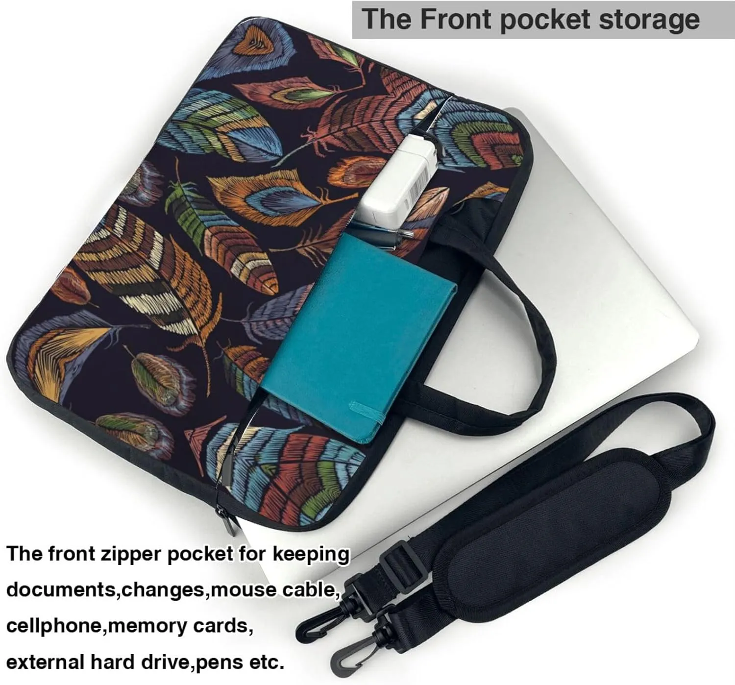 Peacock feather Print Work Laptop Bag Stylish and Protective Laptop Case Briefcase for Men Women Office