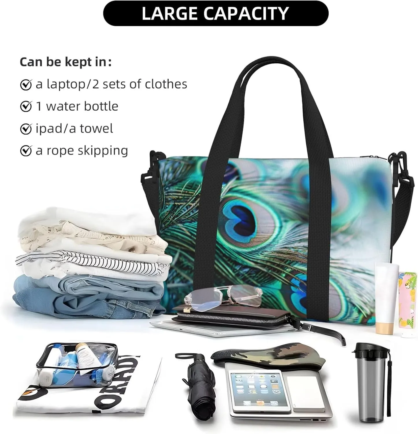 Peacock Feather Travel Duffel Bags for Women Men, Sports Training Gym Bag Dance Bag with Adjustable Shoulder Strap Bird Weekender Overnight Bag