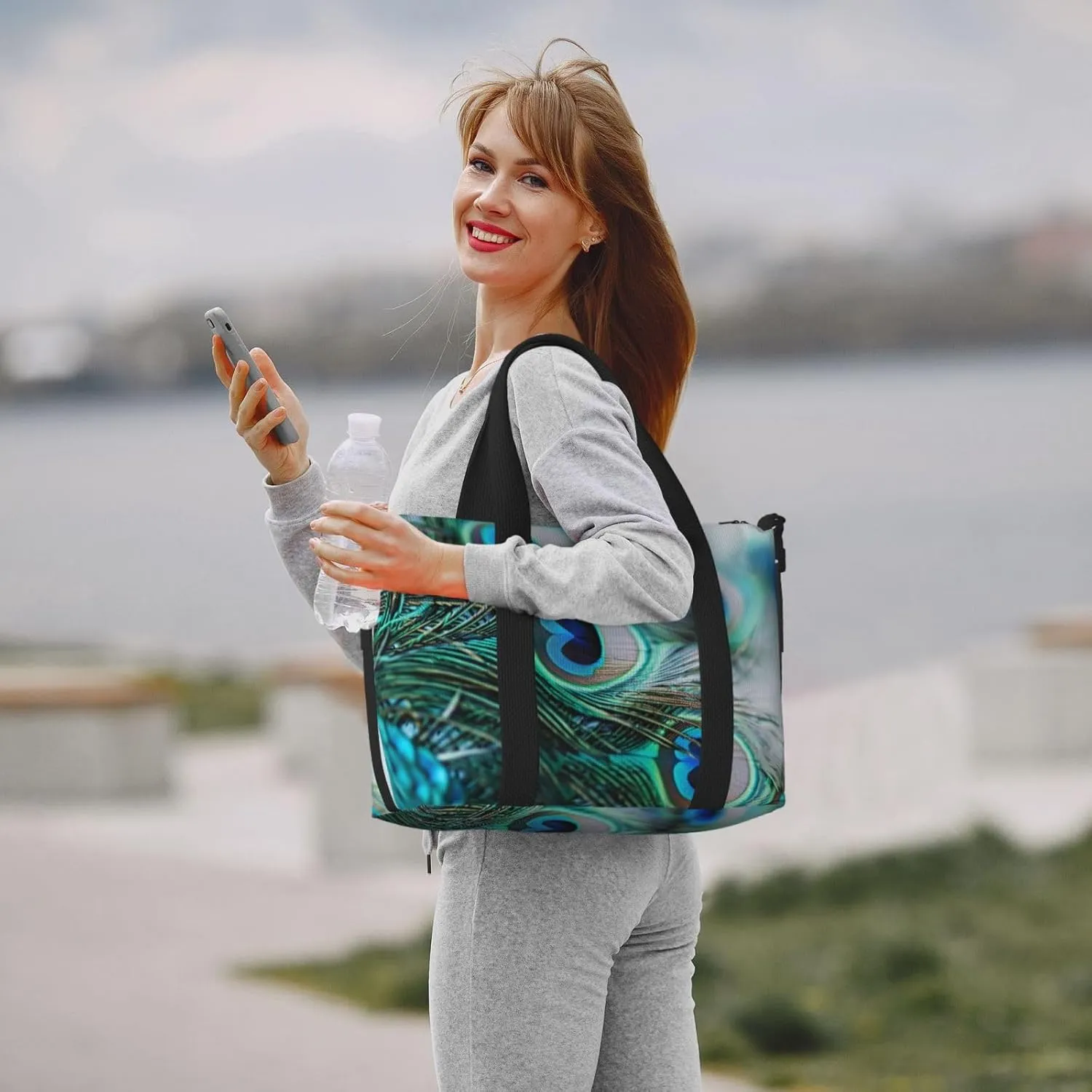Peacock Feather Travel Duffel Bags for Women Men, Sports Training Gym Bag Dance Bag with Adjustable Shoulder Strap Bird Weekender Overnight Bag