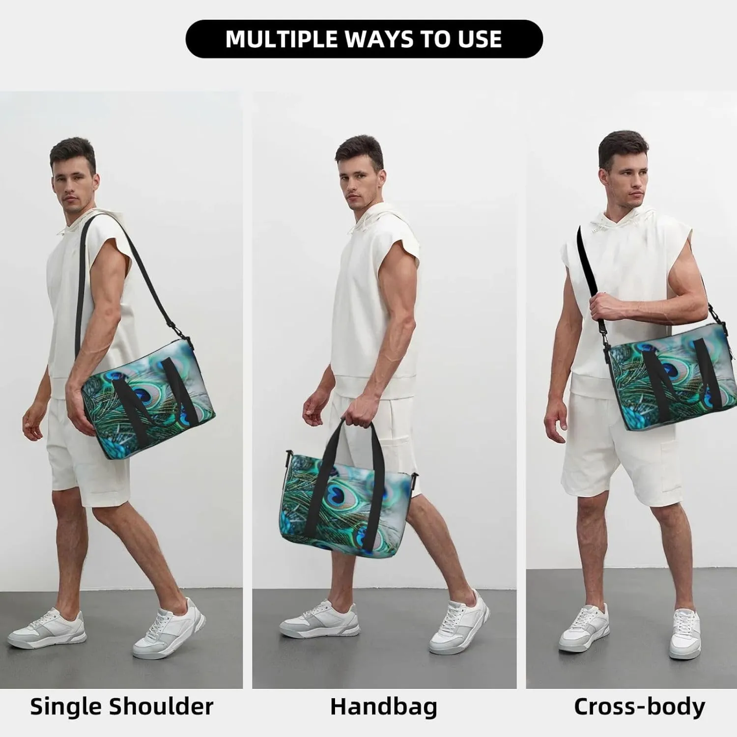 Peacock Feather Travel Duffel Bags for Women Men, Sports Training Gym Bag Dance Bag with Adjustable Shoulder Strap Bird Weekender Overnight Bag