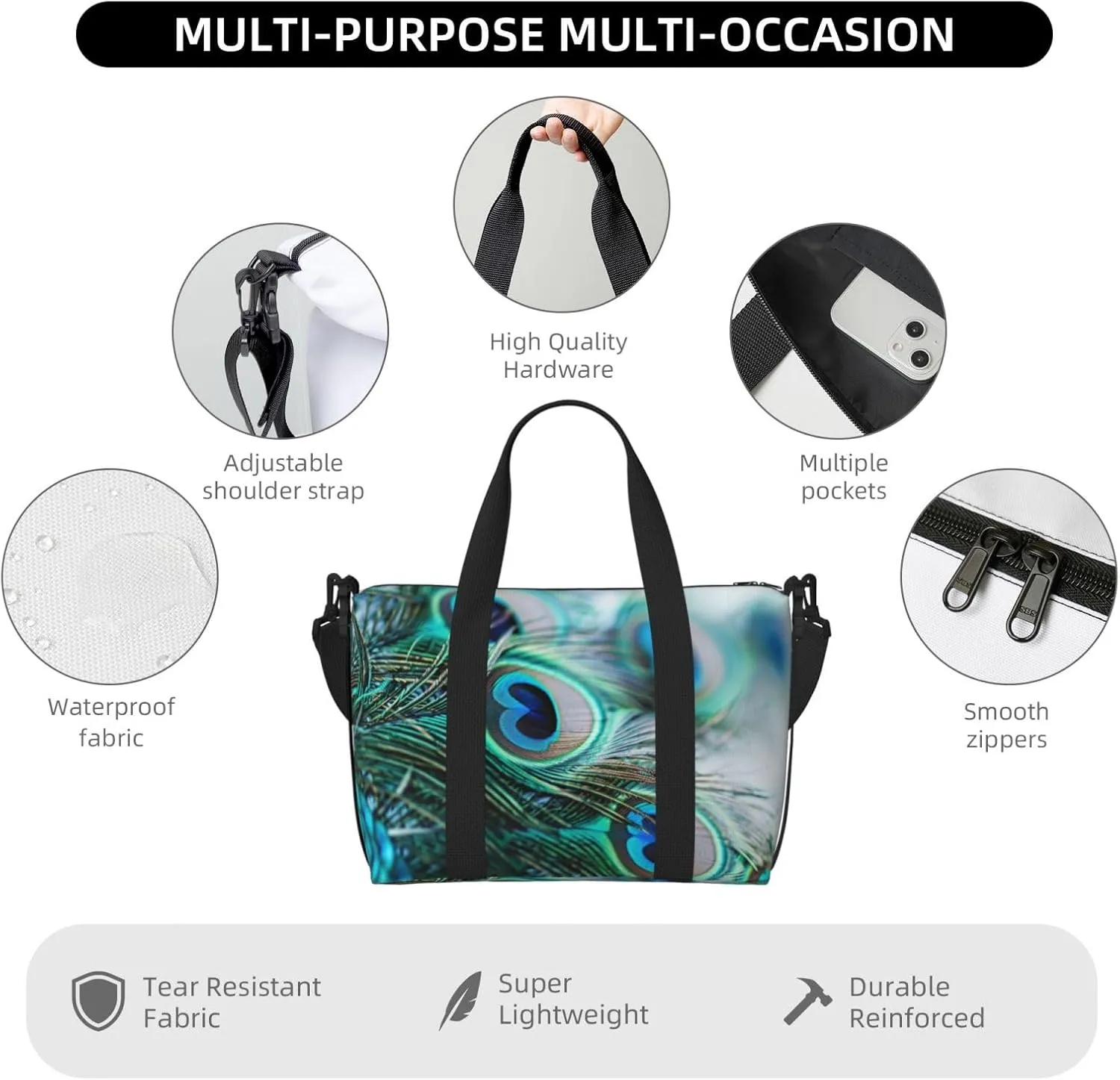 Peacock Feather Travel Duffel Bags for Women Men, Sports Training Gym Bag Dance Bag with Adjustable Shoulder Strap Bird Weekender Overnight Bag