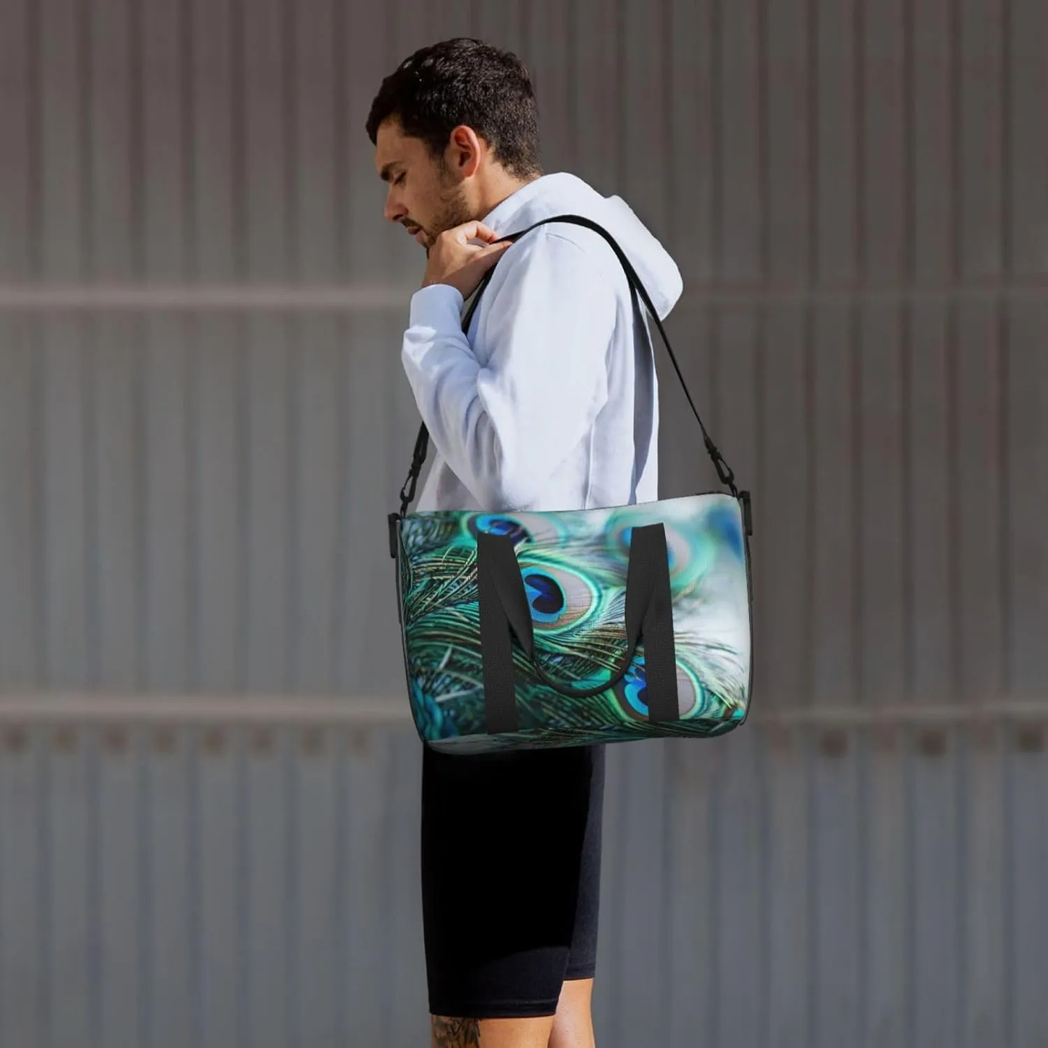 Peacock Feather Travel Duffel Bags for Women Men, Sports Training Gym Bag Dance Bag with Adjustable Shoulder Strap Bird Weekender Overnight Bag