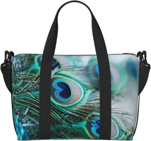Peacock Feather Travel Duffel Bags for Women Men, Sports Training Gym Bag Dance Bag with Adjustable Shoulder Strap Bird Weekender Overnight Bag
