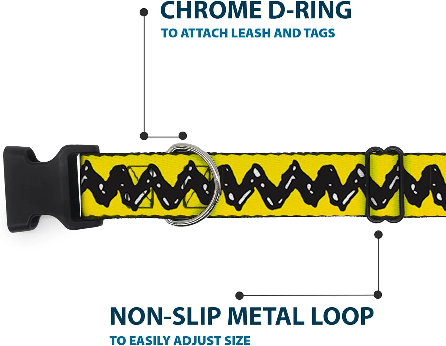 Peanuts Worldwide LLC Pet Collar, Dog Collar Plastic Buckle, Peanuts Charlie Brown Zig Zag Stripe Yellow Black, 15 to 24 Inches 1.0 Inch Wide