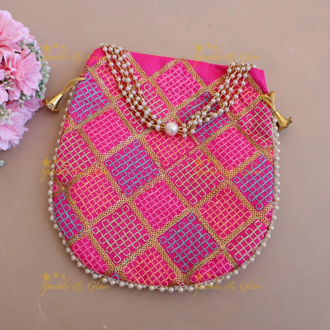 Pearl Embellished 8.5x8" Threadwork Potli Bag