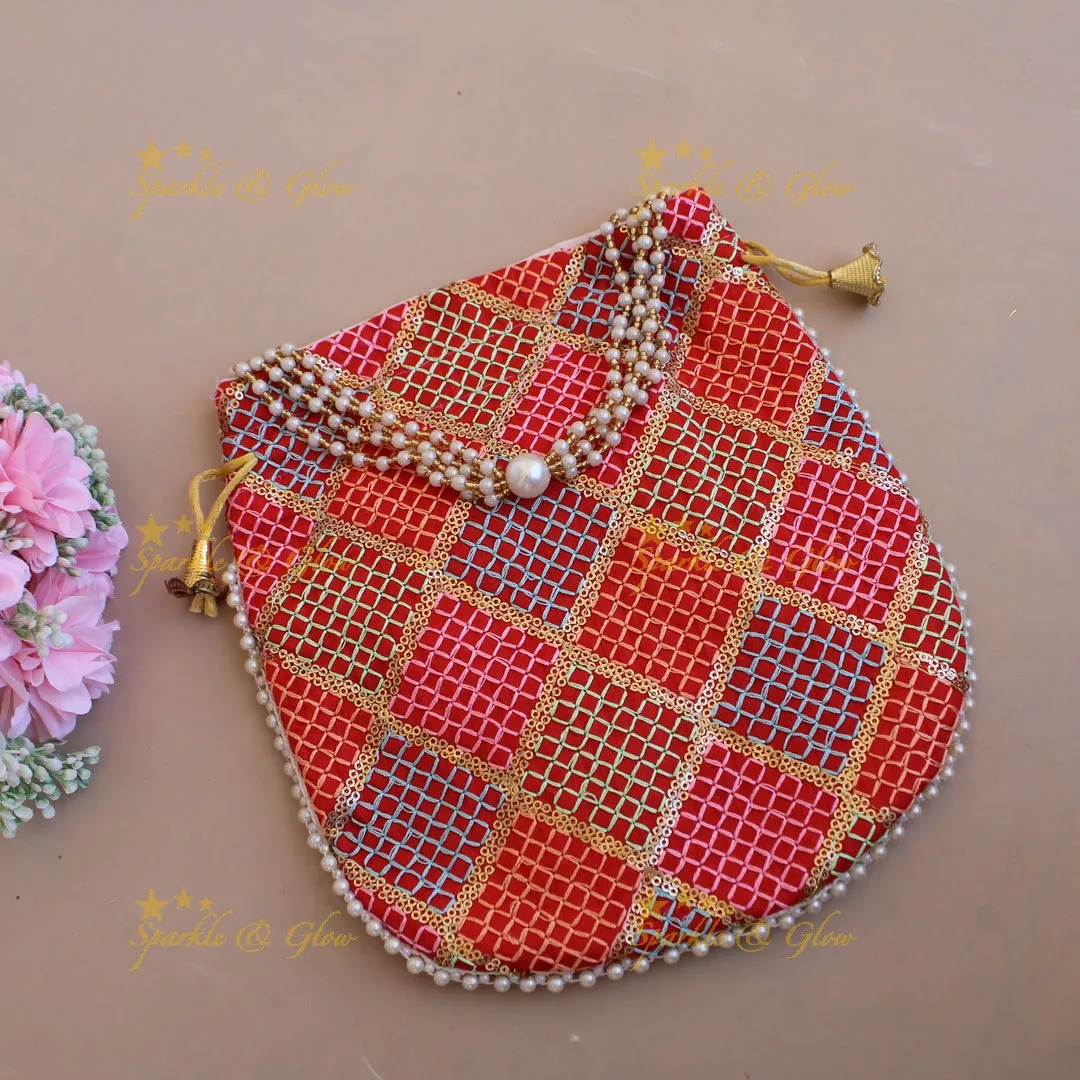 Pearl Embellished 8.5x8" Threadwork Potli Bag
