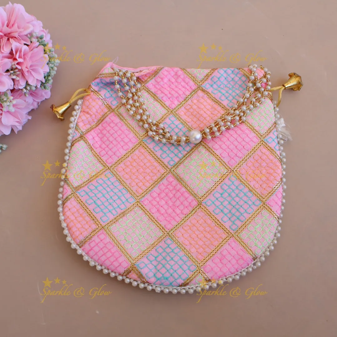 Pearl Embellished 8.5x8" Threadwork Potli Bag