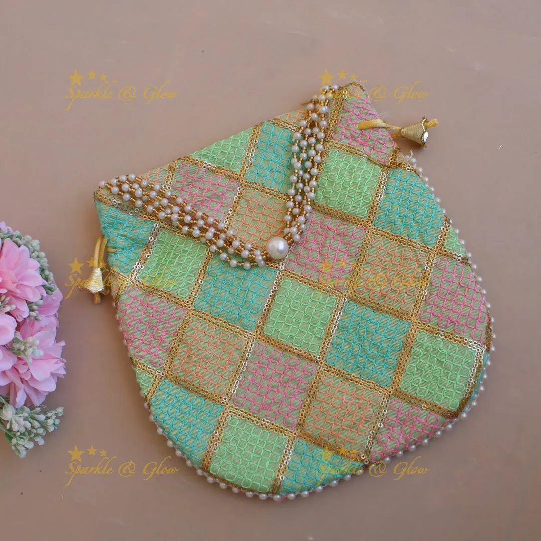 Pearl Embellished 8.5x8" Threadwork Potli Bag