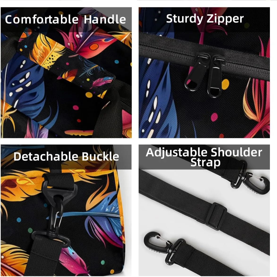 Personalized Custom Gym Bag for Women Men Carry on Colorful Feather Travel Duffel Tote Animal Skin Overnight Workout Weekender Bag