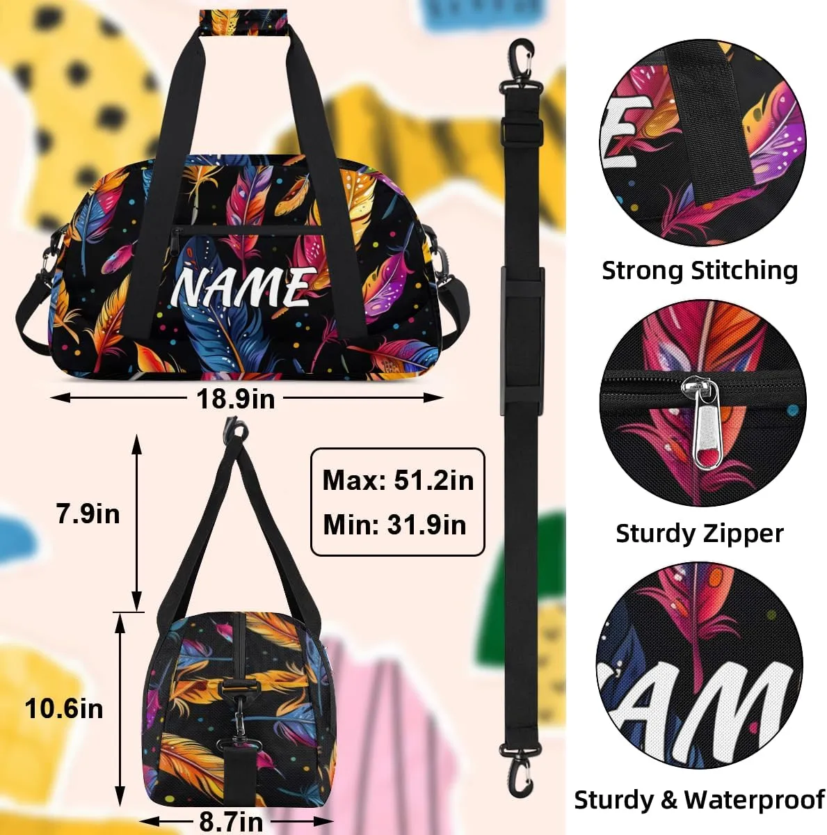 Personalized Custom Gym Bag for Women Men Carry on Colorful Feather Travel Duffel Tote Animal Skin Overnight Workout Weekender Bag