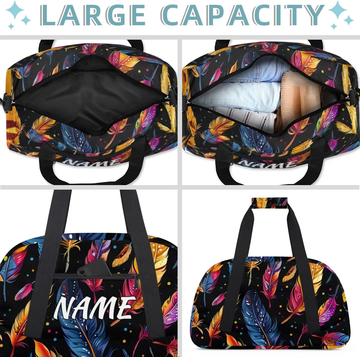 Personalized Custom Gym Bag for Women Men Carry on Colorful Feather Travel Duffel Tote Animal Skin Overnight Workout Weekender Bag