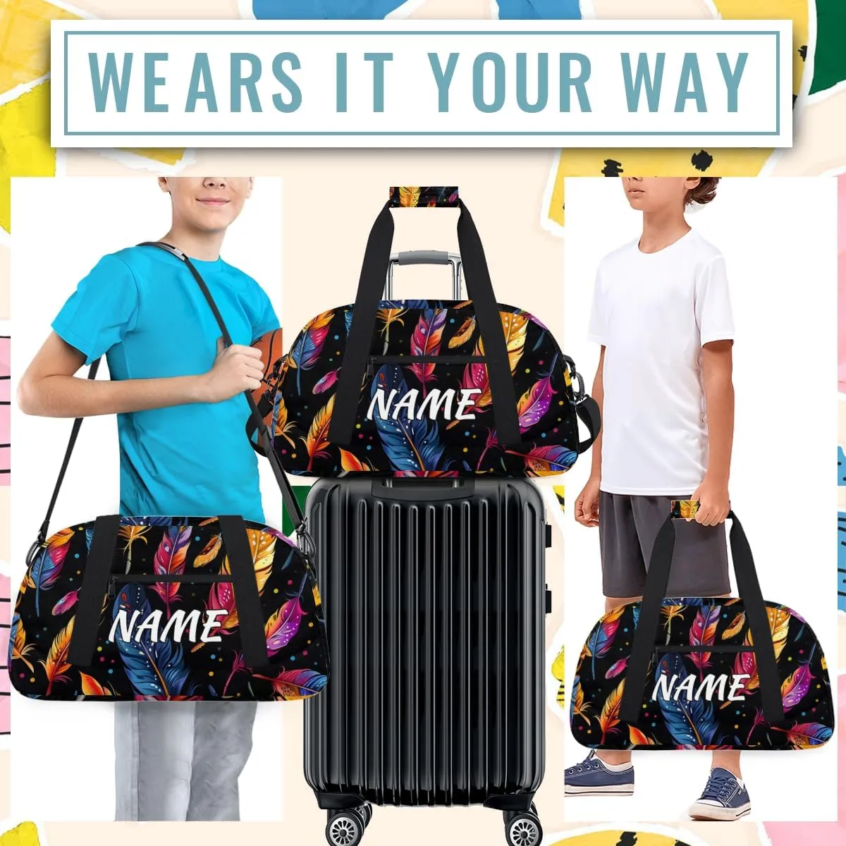 Personalized Custom Gym Bag for Women Men Carry on Colorful Feather Travel Duffel Tote Animal Skin Overnight Workout Weekender Bag