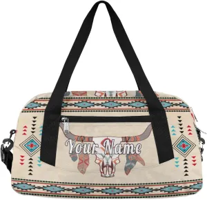 Personalized Kids Duffel Bag Ethnic Indigenous Bull Cow Feather,Custom Sport Gym Bag for Boys Girls,WWeekender Overnight Bags Travel Duffel Bag,Customized Kids Gift