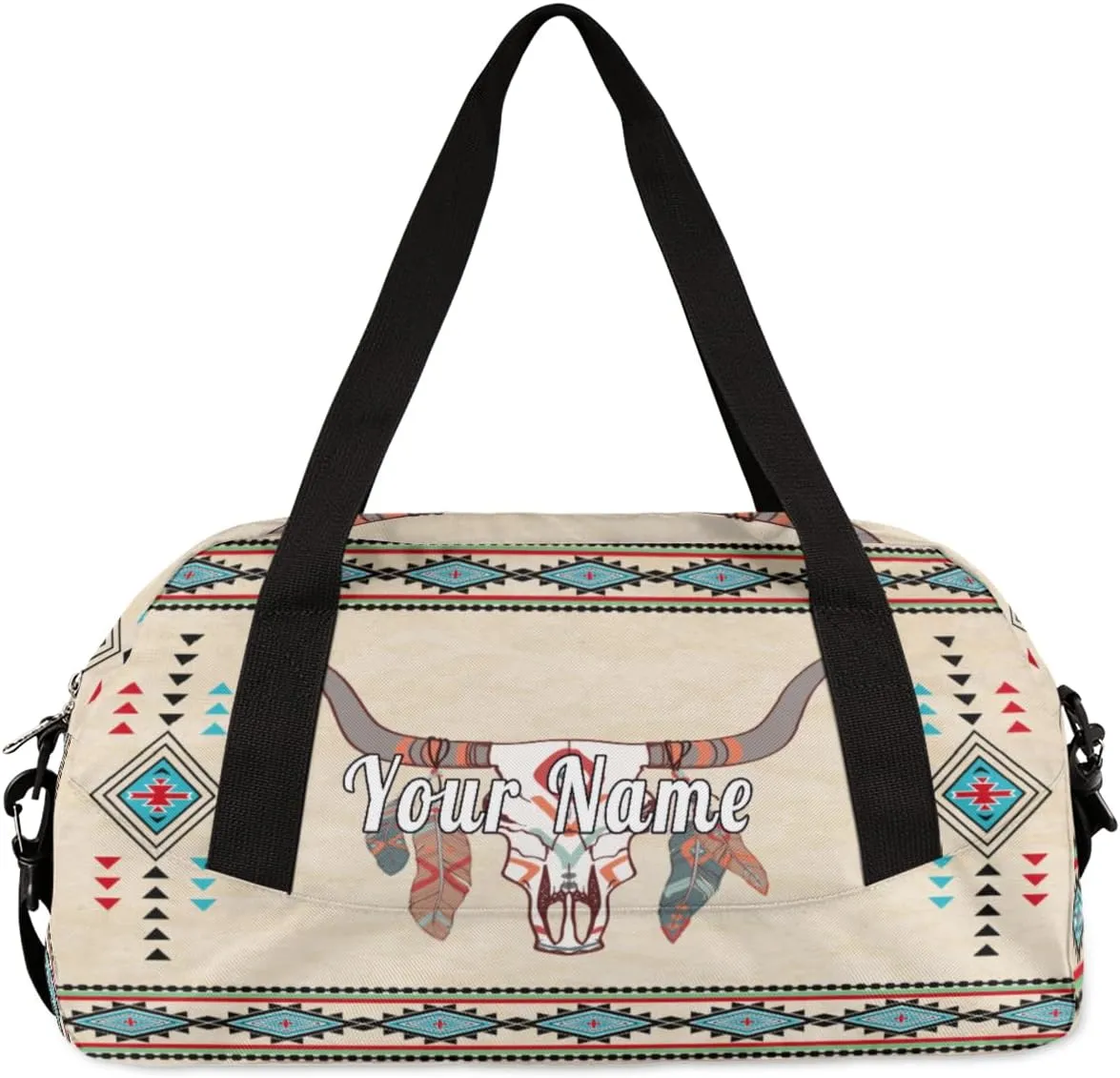 Personalized Kids Duffel Bag Ethnic Indigenous Bull Cow Feather,Custom Sport Gym Bag for Boys Girls,WWeekender Overnight Bags Travel Duffel Bag,Customized Kids Gift
