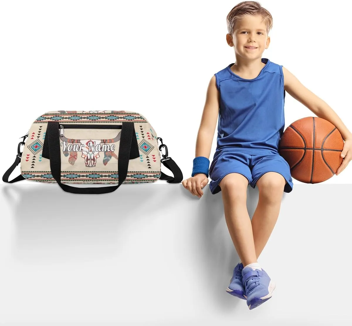 Personalized Kids Duffel Bag Ethnic Indigenous Bull Cow Feather,Custom Sport Gym Bag for Boys Girls,WWeekender Overnight Bags Travel Duffel Bag,Customized Kids Gift