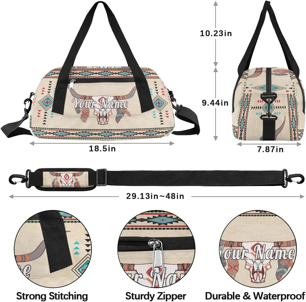 Personalized Kids Duffel Bag Ethnic Indigenous Bull Cow Feather,Custom Sport Gym Bag for Boys Girls,WWeekender Overnight Bags Travel Duffel Bag,Customized Kids Gift