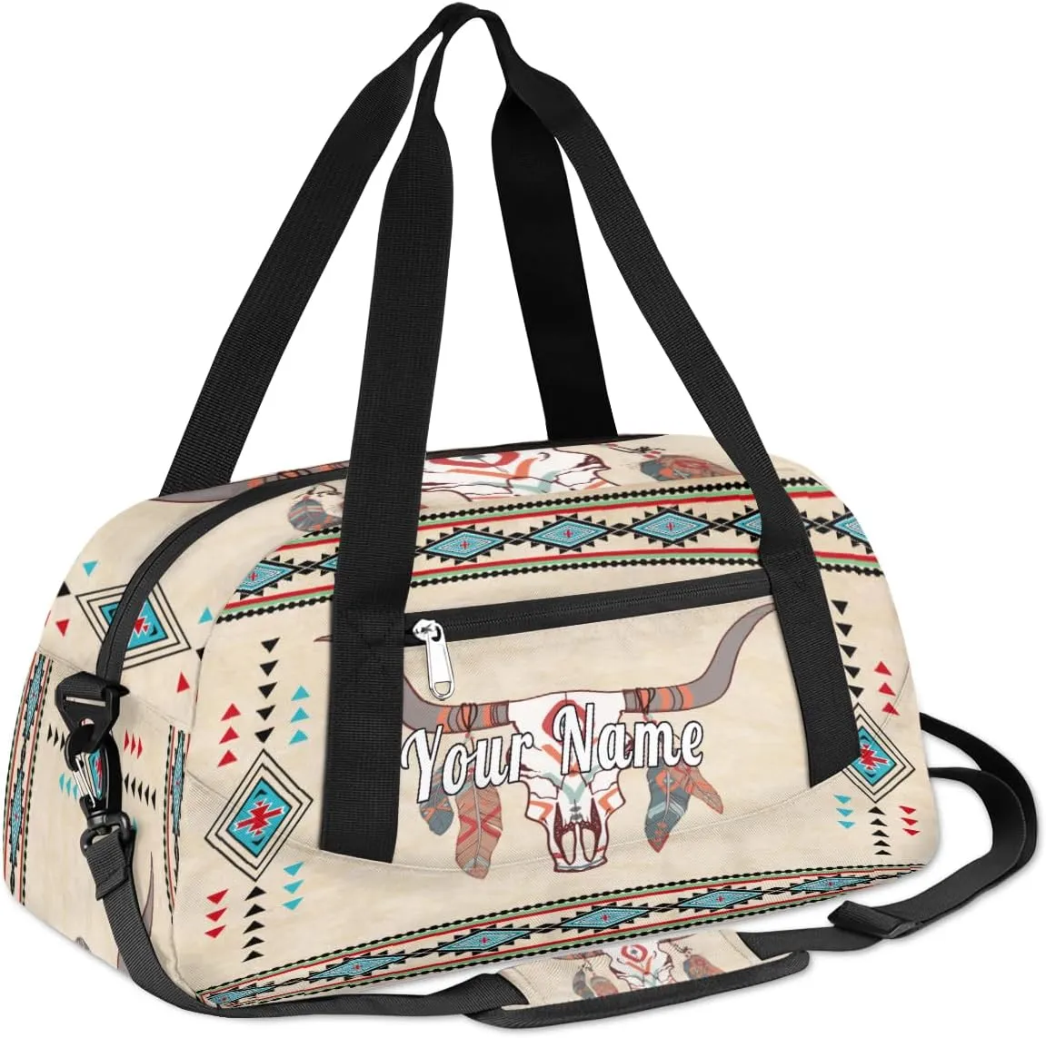 Personalized Kids Duffel Bag Ethnic Indigenous Bull Cow Feather,Custom Sport Gym Bag for Boys Girls,WWeekender Overnight Bags Travel Duffel Bag,Customized Kids Gift