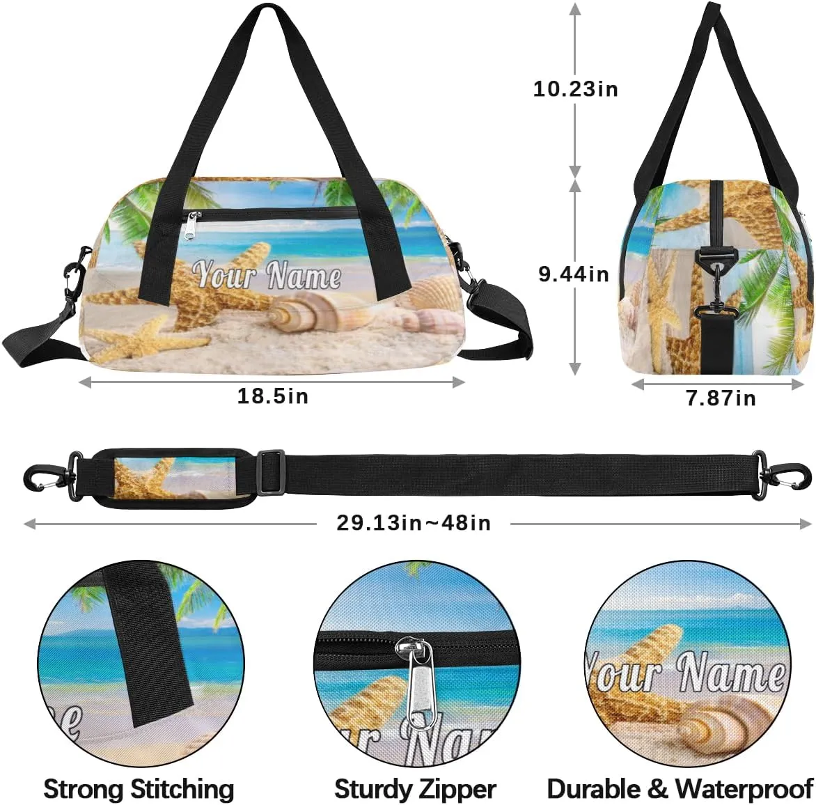 Personalized Kids Duffel Bag Exotic Beach Starfish Seashell,Custom Sport Gym Bag for Boys Girls,WWeekender Overnight Bags Travel Duffel Bag,Customized Kids Gift