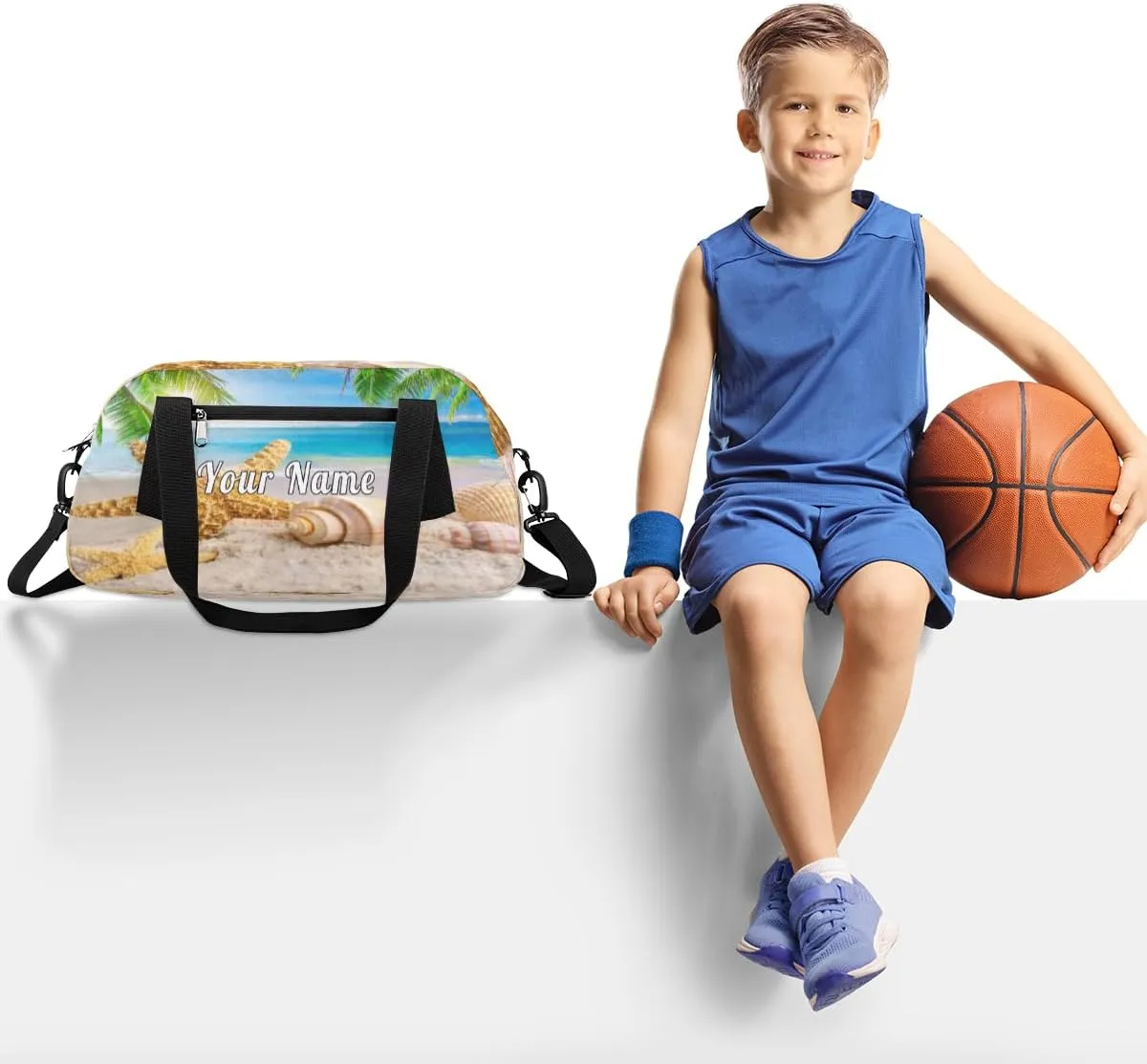Personalized Kids Duffel Bag Exotic Beach Starfish Seashell,Custom Sport Gym Bag for Boys Girls,WWeekender Overnight Bags Travel Duffel Bag,Customized Kids Gift