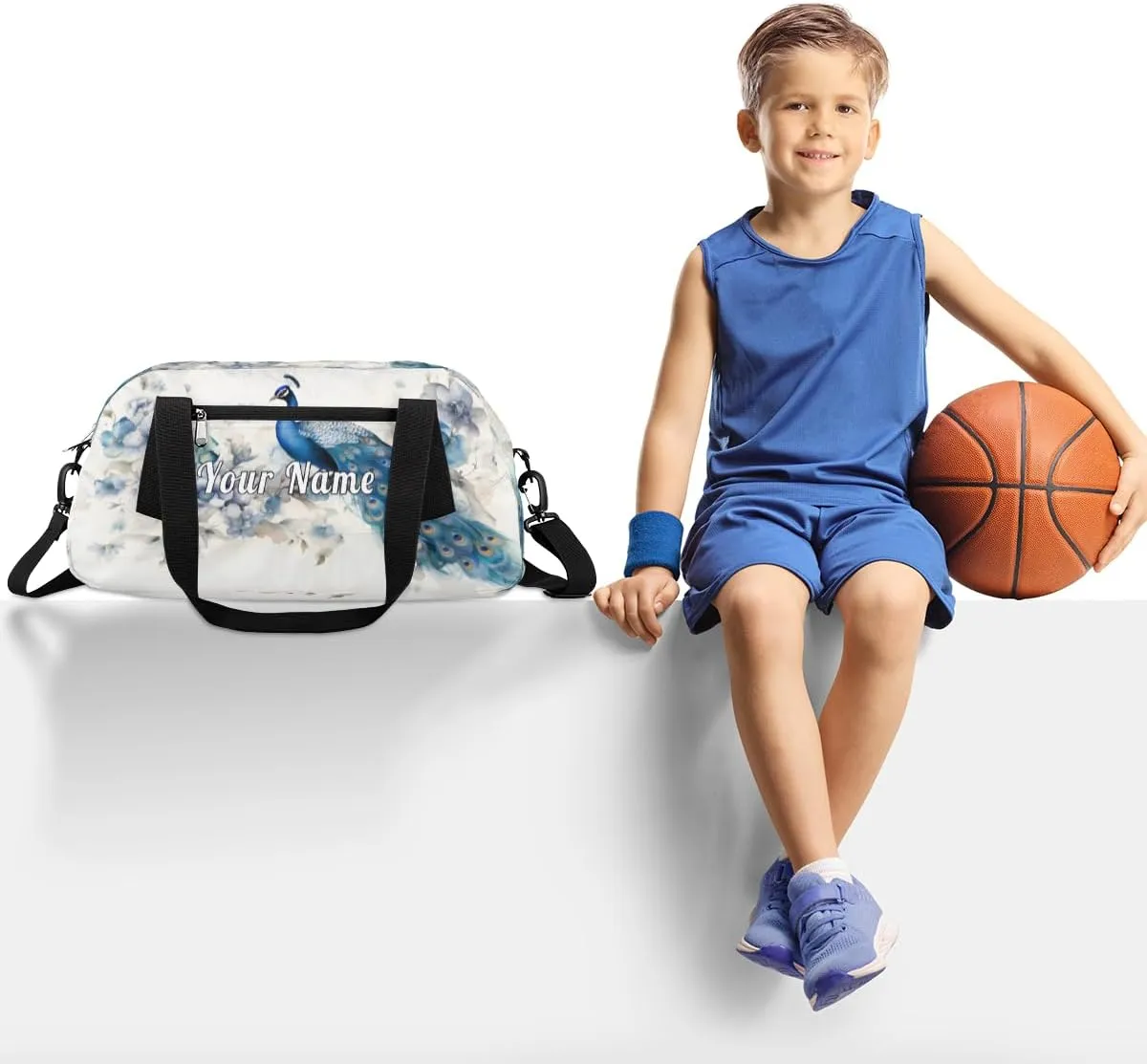 Personalized Kids Duffel Bag Peacock Feather,Custom Sport Gym Bag for Boys Girls,WWeekender Overnight Bags Travel Duffel Bag,Customized Kids Gift