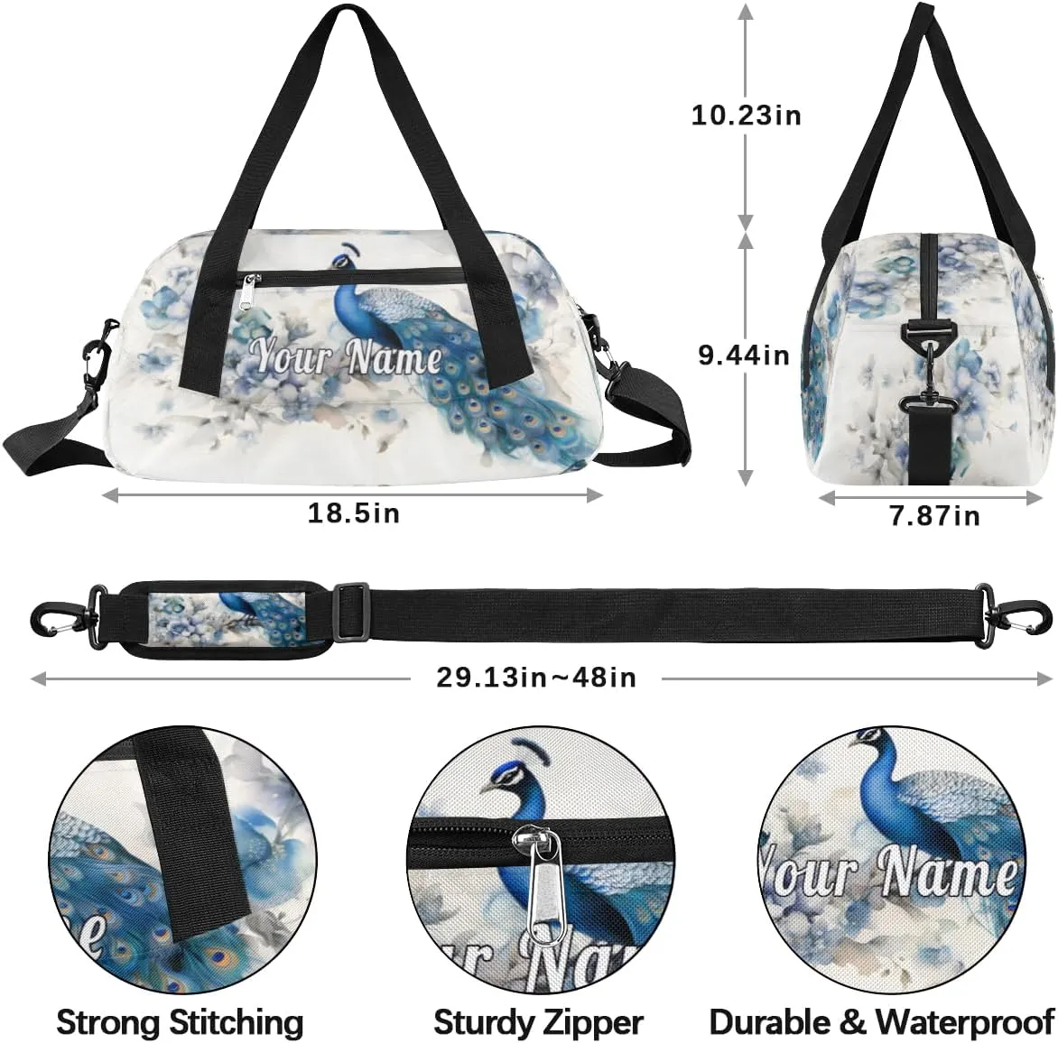 Personalized Kids Duffel Bag Peacock Feather,Custom Sport Gym Bag for Boys Girls,WWeekender Overnight Bags Travel Duffel Bag,Customized Kids Gift