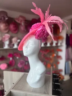 Pink Large Disc Fascinator With Rose Flowers & Feathers