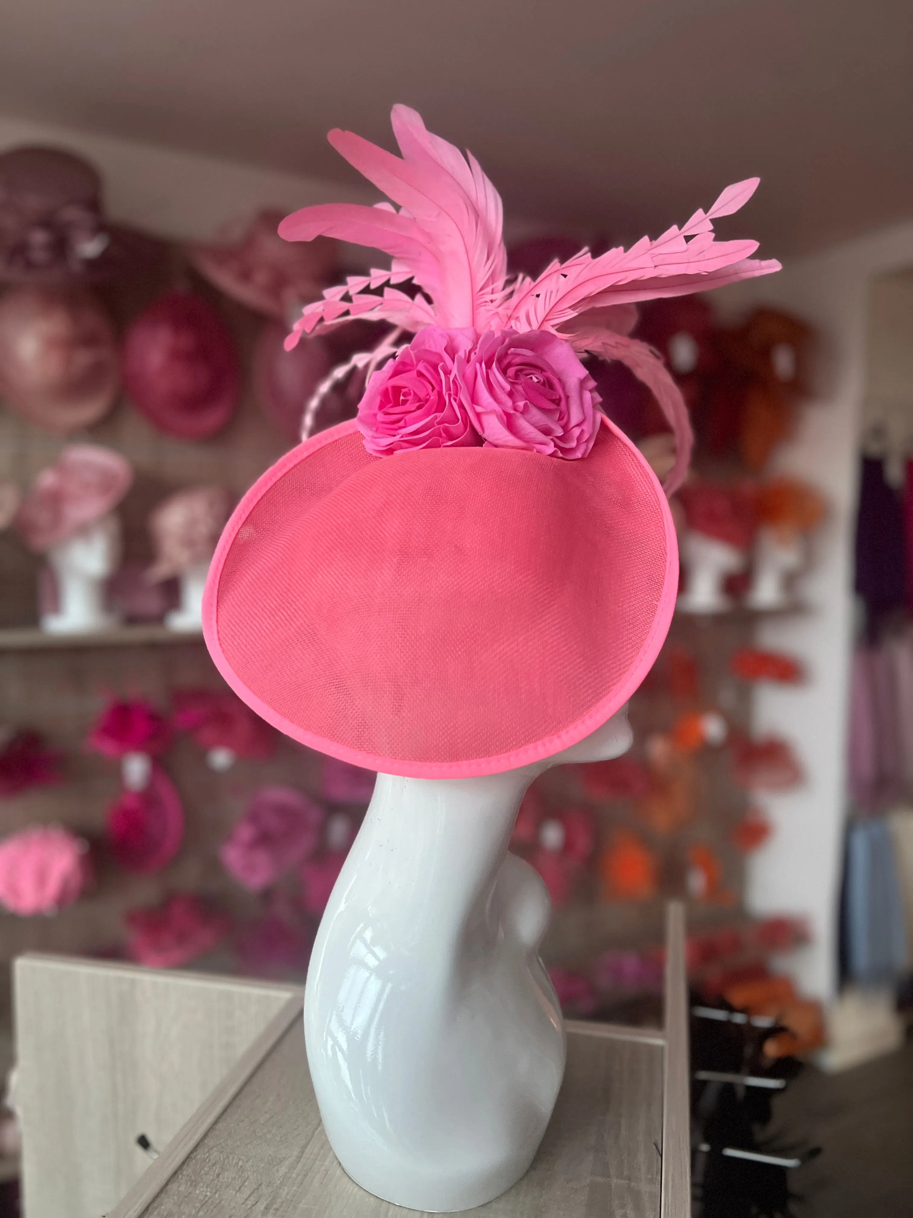 Pink Large Disc Fascinator With Rose Flowers & Feathers