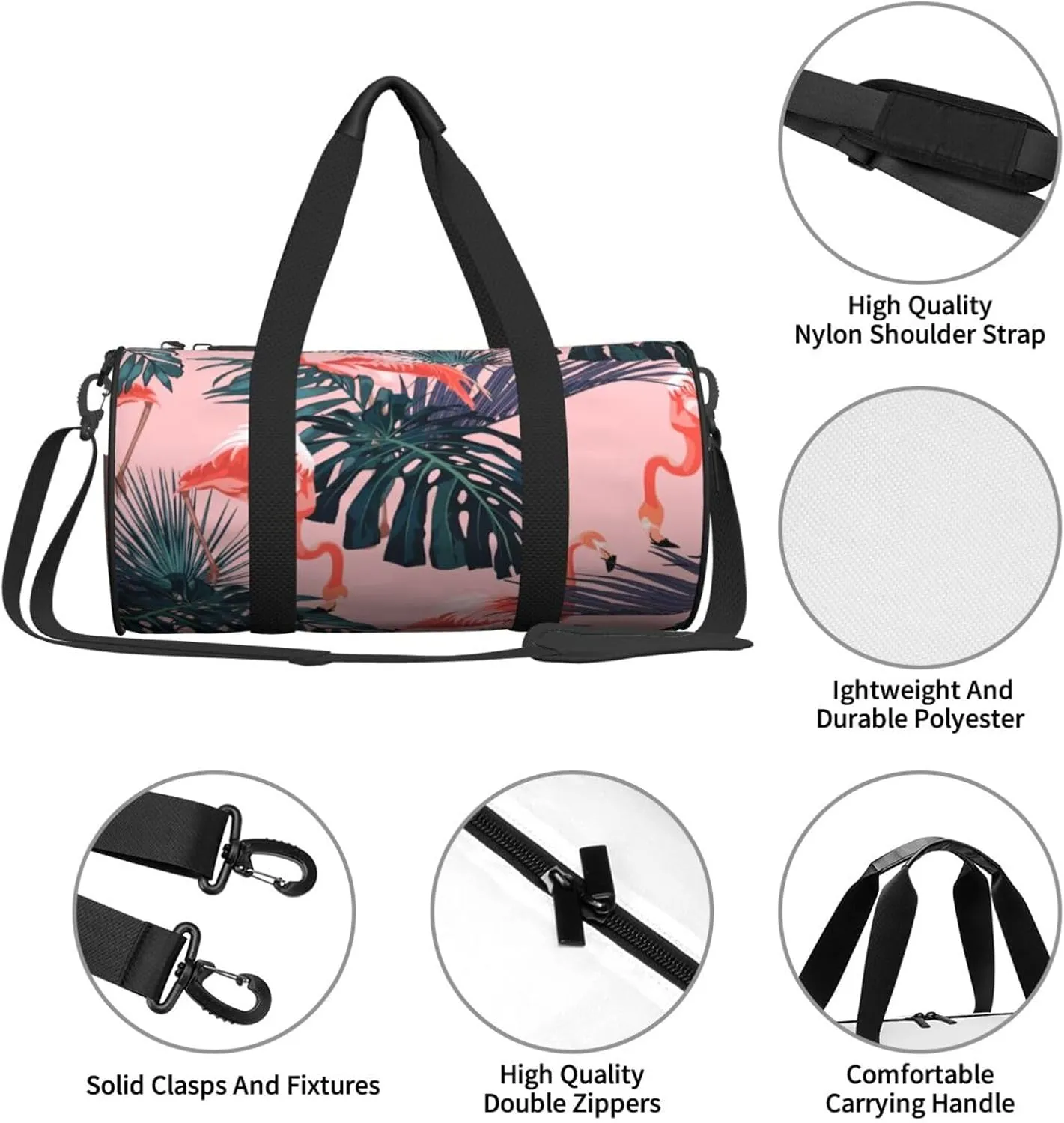 Pinks Flamingo Exotic Palm Leaves Pinks Floral Round Travel Duffel Bag Large Capacity Gym Sports Bags for Hiking Vacation Trips