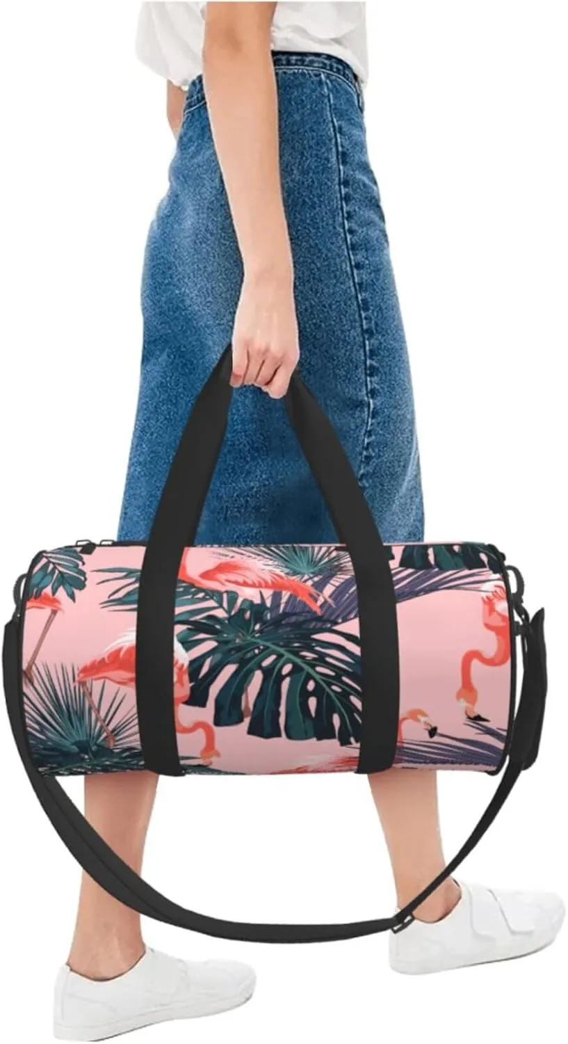 Pinks Flamingo Exotic Palm Leaves Pinks Floral Round Travel Duffel Bag Large Capacity Gym Sports Bags for Hiking Vacation Trips