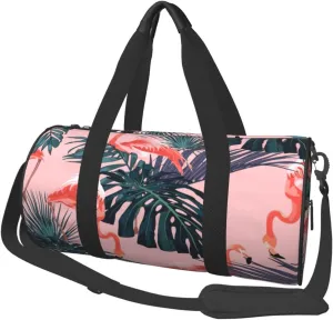 Pinks Flamingo Exotic Palm Leaves Pinks Floral Round Travel Duffel Bag Large Capacity Gym Sports Bags for Hiking Vacation Trips