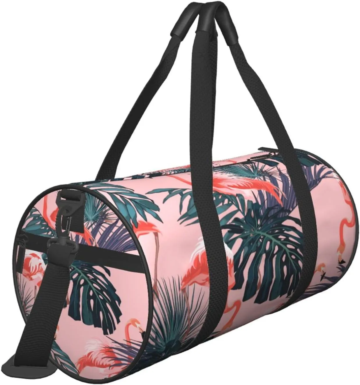 Pinks Flamingo Exotic Palm Leaves Pinks Floral Round Travel Duffel Bag Large Capacity Gym Sports Bags for Hiking Vacation Trips