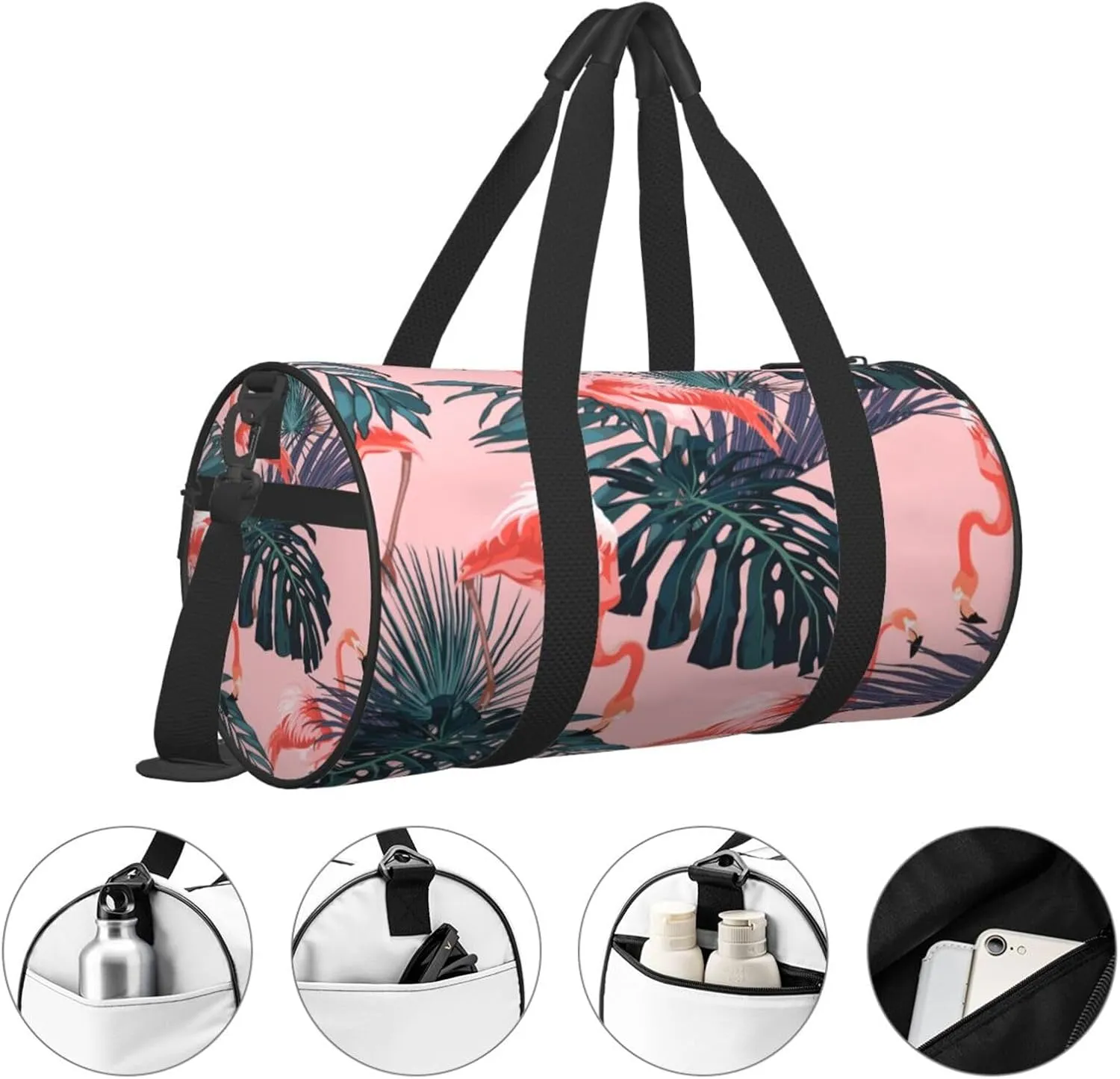 Pinks Flamingo Exotic Palm Leaves Pinks Floral Round Travel Duffel Bag Large Capacity Gym Sports Bags for Hiking Vacation Trips