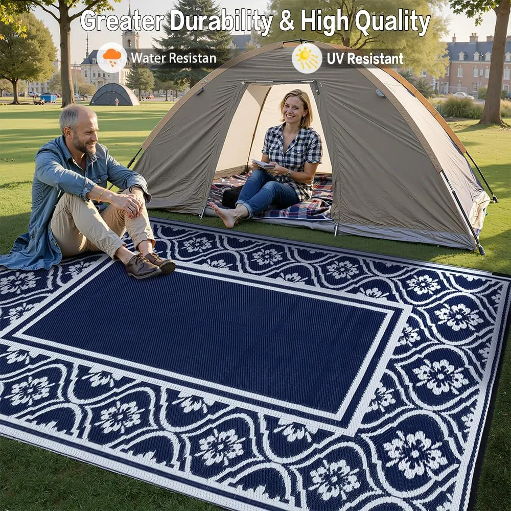 Plastic Outdoor Rug 6'x9' Waterproof Camping Carpet Outside Reversible Area Rug Blue Rugs for RV Deck Entryance Porch Picnic Balcony Beach