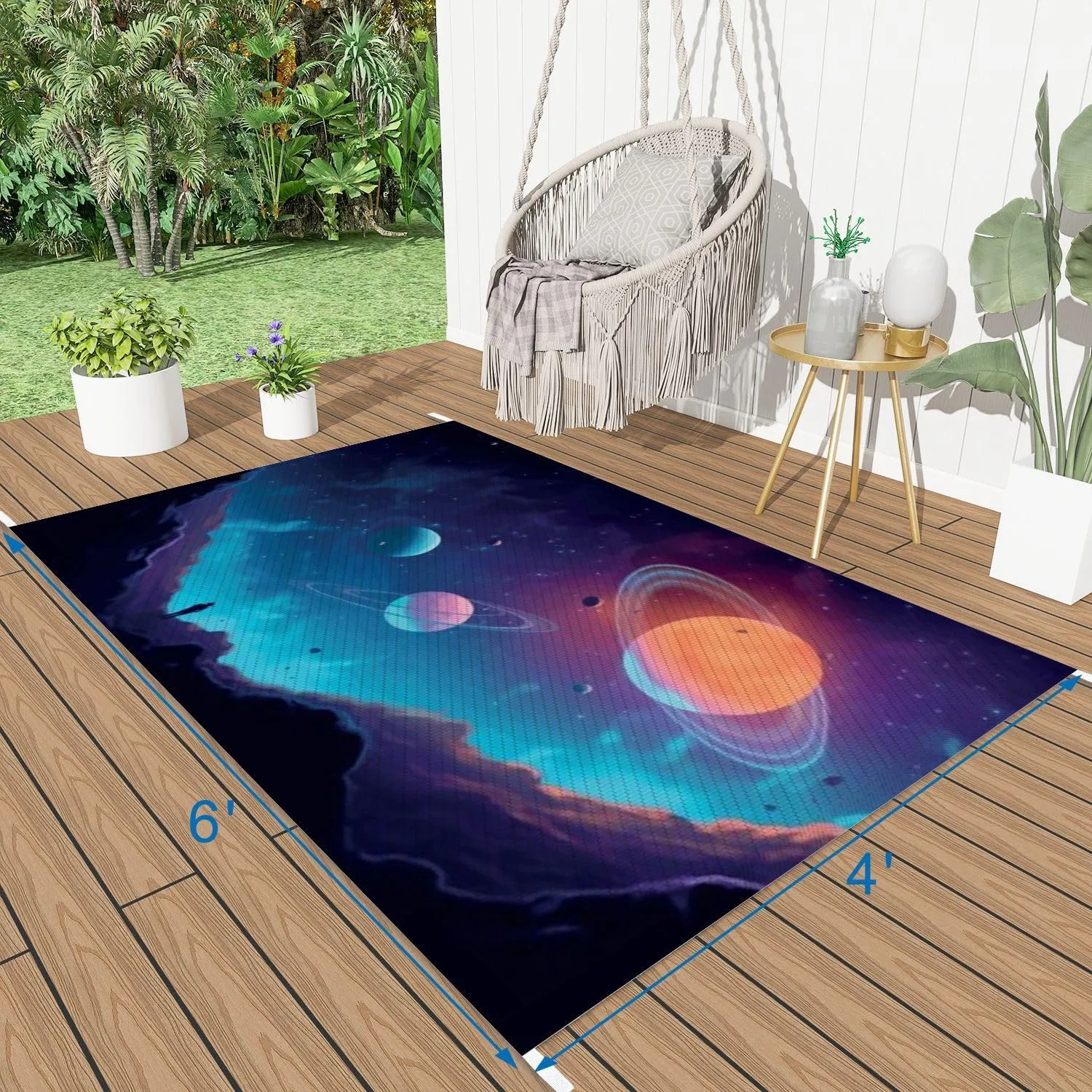 Plastic Straw Rug Outdoor Area Rug Topic Outer Space Interstellar Travels Universe Distant Galaxies Waterproof Carpet Camping Beach Picnic Rug Modern Boho Carpet Front Porch Patio Decor 4 X 6 ft