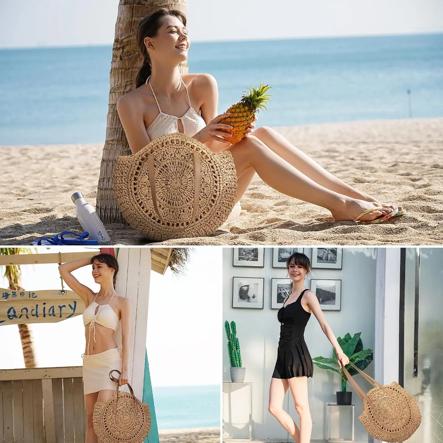 Pleneal Straw Beach Bags for Women - Women Beach Handmade Woven Tote Bag, Summer Mesh Hollow Shoulder Bag for Holiday