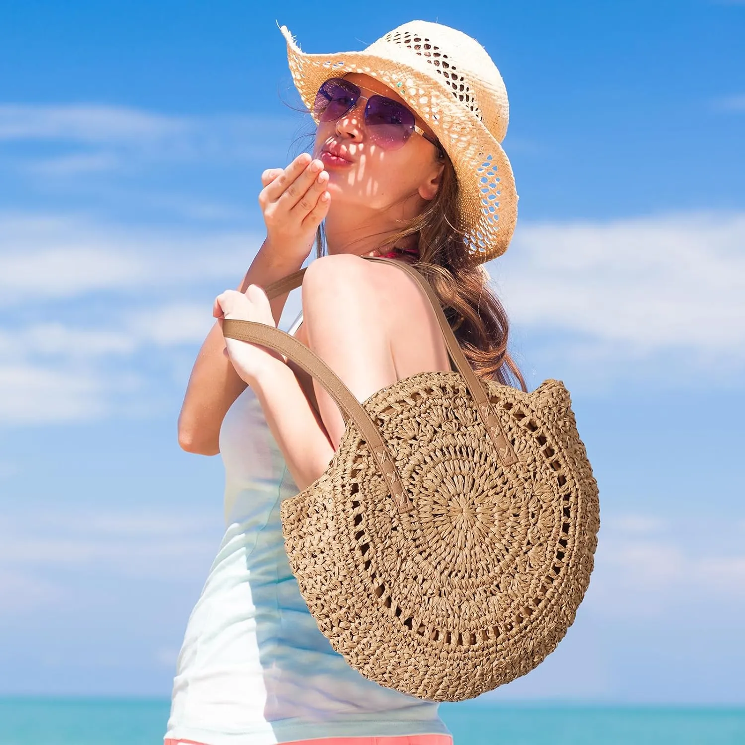 Pleneal Straw Beach Bags for Women - Women Beach Handmade Woven Tote Bag, Summer Mesh Hollow Shoulder Bag for Holiday