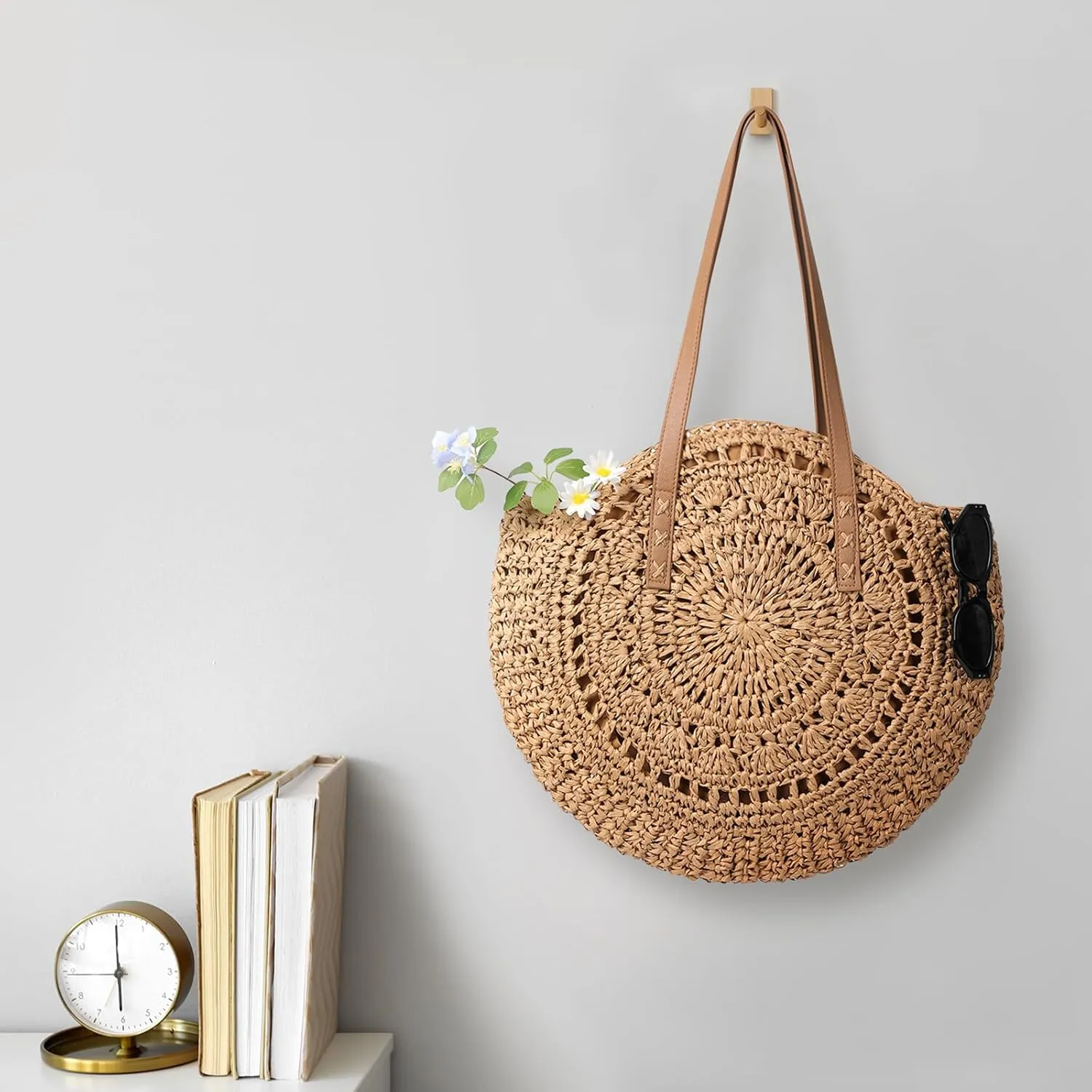 Pleneal Straw Beach Bags for Women - Women Beach Handmade Woven Tote Bag, Summer Mesh Hollow Shoulder Bag for Holiday
