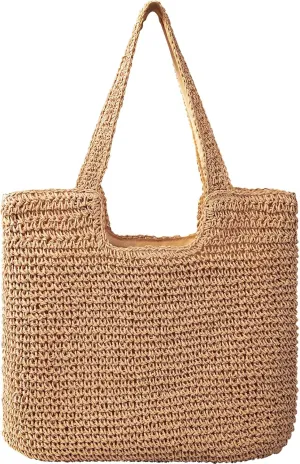 Pleneal Straw Beach Bags for Women - Women Beach Handmade Woven Tote Bag, Summer Mesh Hollow Shoulder Bag for Holiday