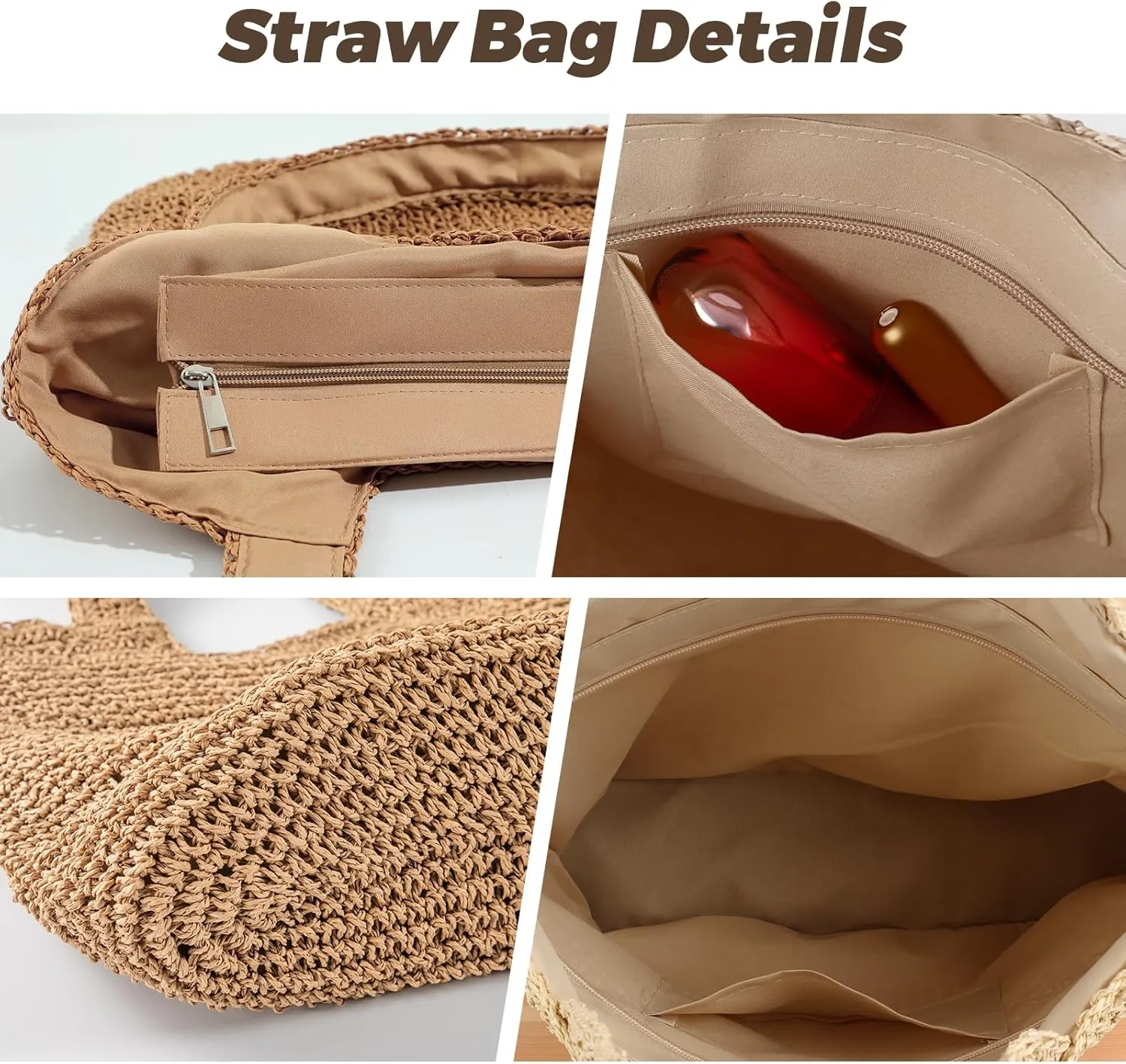 Pleneal Straw Beach Bags for Women - Women Beach Handmade Woven Tote Bag, Summer Mesh Hollow Shoulder Bag for Holiday