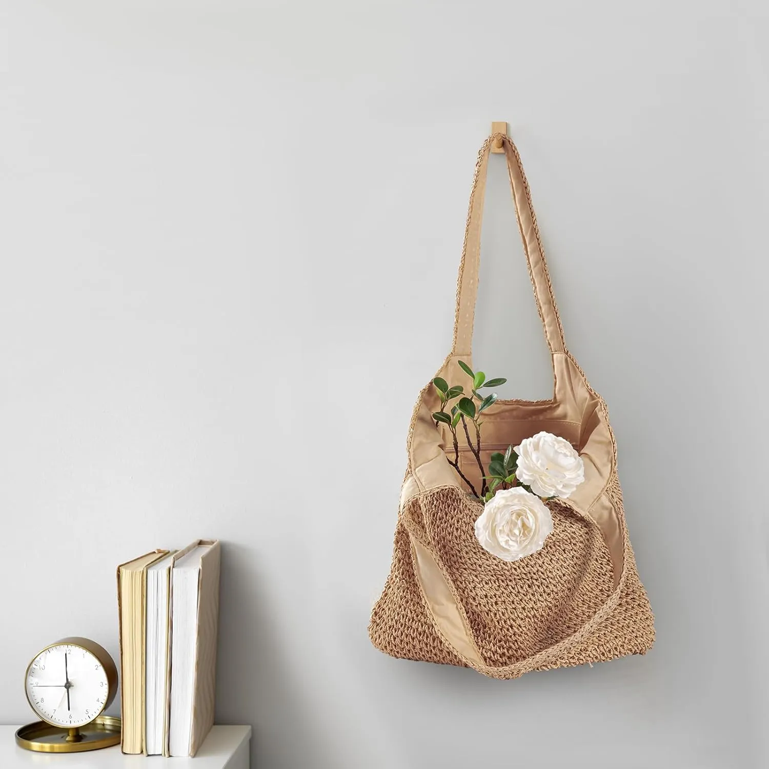 Pleneal Straw Beach Bags for Women - Women Beach Handmade Woven Tote Bag, Summer Mesh Hollow Shoulder Bag for Holiday