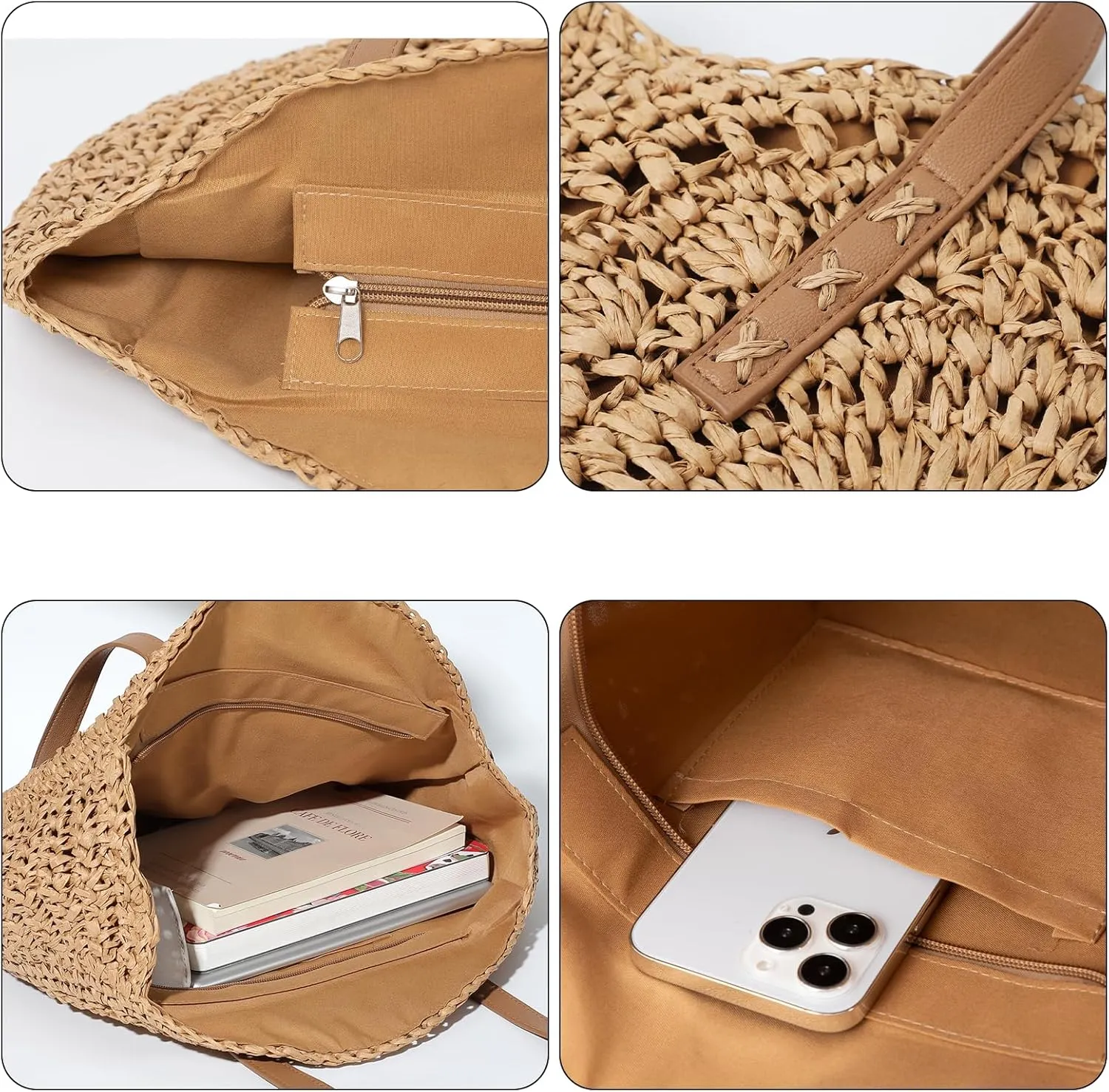 Pleneal Straw Beach Bags for Women - Women Beach Handmade Woven Tote Bag, Summer Mesh Hollow Shoulder Bag for Holiday