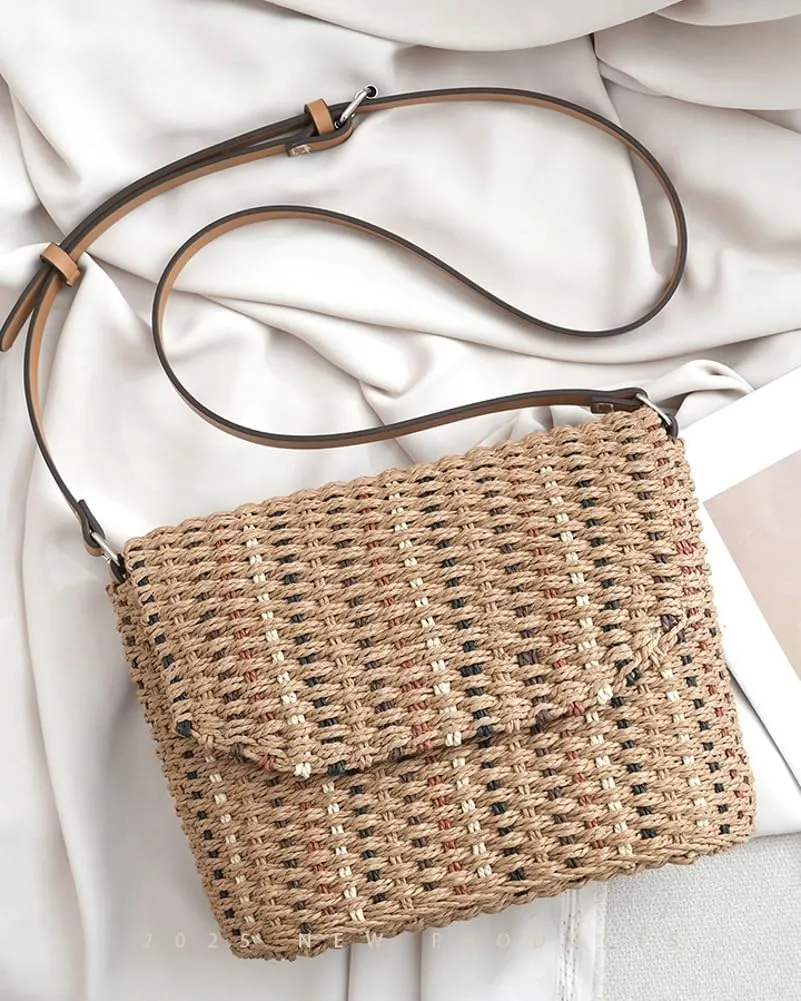 Pocadri Women Summer Straw Crossbody Bag Beach Woven Shoulder Purse Handmade Weaving Satchel Travel Handbag