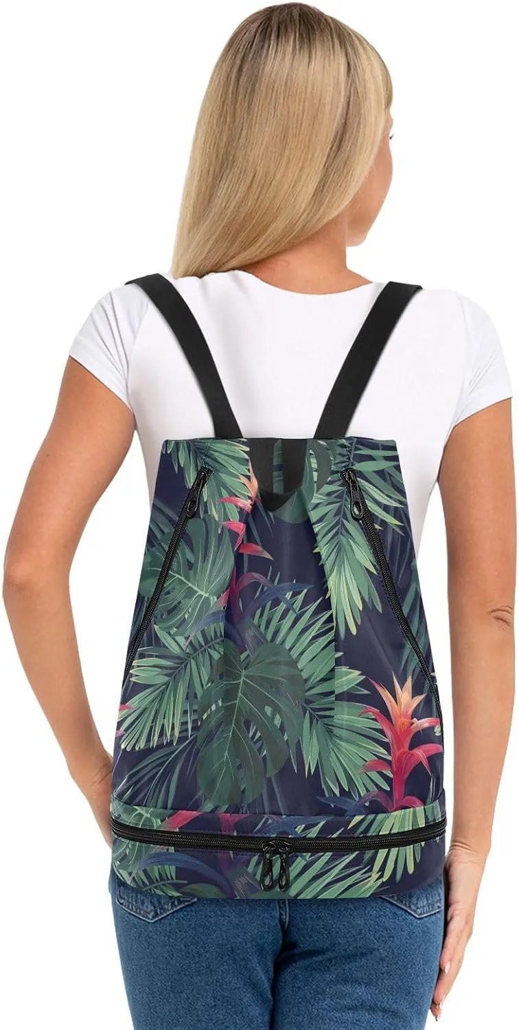 Poeticcity Gym Swimming Drawstring Bags Daypacks Backpack Purse Casual Knapsack Shoulder Bag Sitting Rucksack Exotic Hawaiian Guzmania Flowers, Monstera and Royal Palm Leaves
