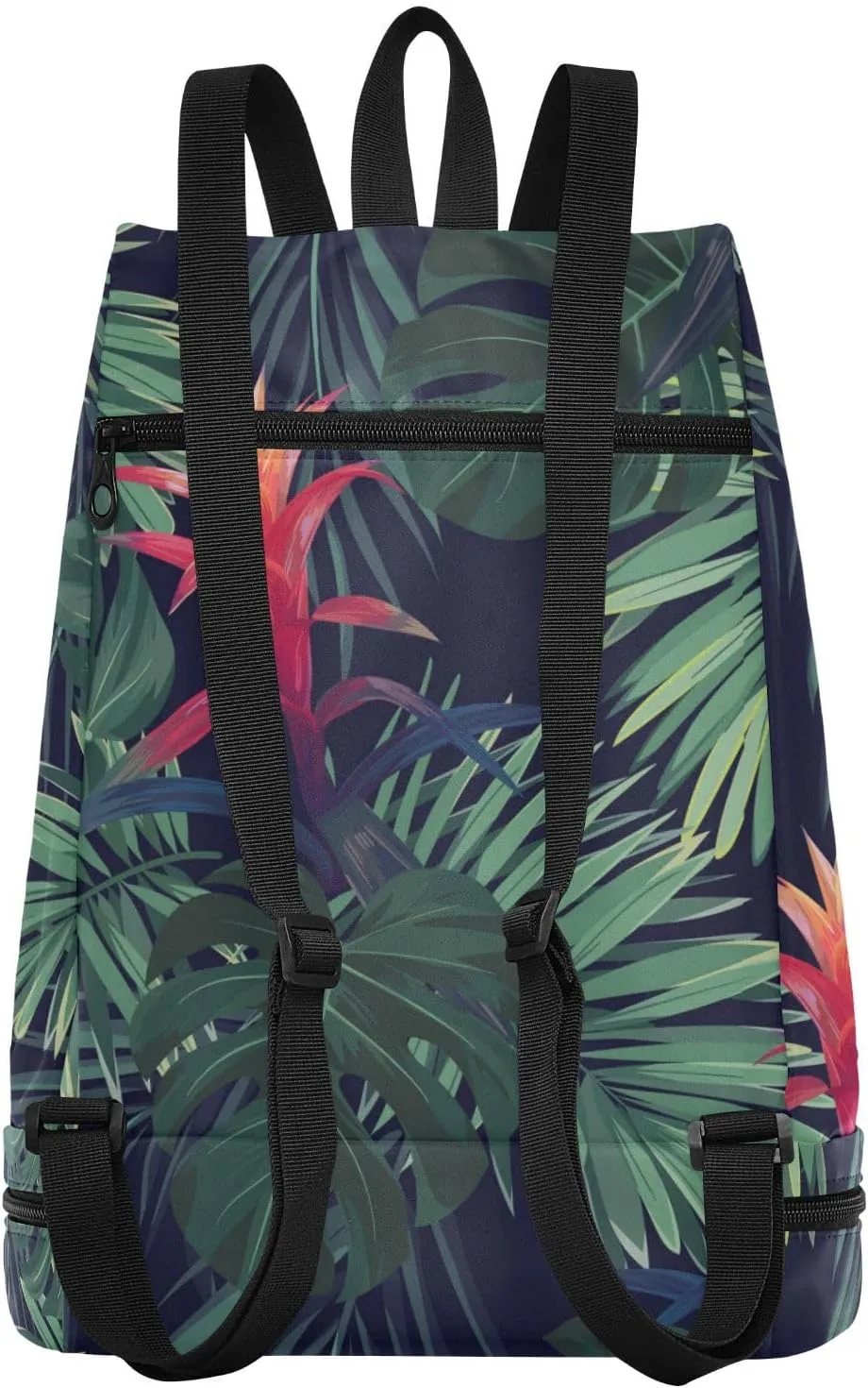 Poeticcity Gym Swimming Drawstring Bags Daypacks Backpack Purse Casual Knapsack Shoulder Bag Sitting Rucksack Exotic Hawaiian Guzmania Flowers, Monstera and Royal Palm Leaves