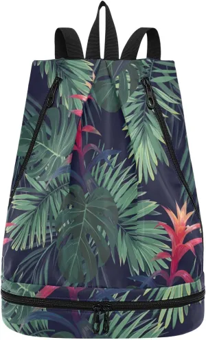 Poeticcity Gym Swimming Drawstring Bags Daypacks Backpack Purse Casual Knapsack Shoulder Bag Sitting Rucksack Exotic Hawaiian Guzmania Flowers, Monstera and Royal Palm Leaves