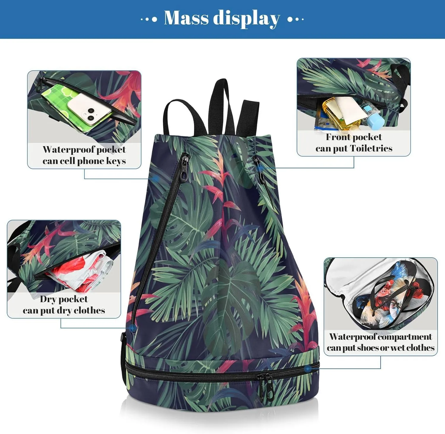 Poeticcity Gym Swimming Drawstring Bags Daypacks Backpack Purse Casual Knapsack Shoulder Bag Sitting Rucksack Exotic Hawaiian Guzmania Flowers, Monstera and Royal Palm Leaves