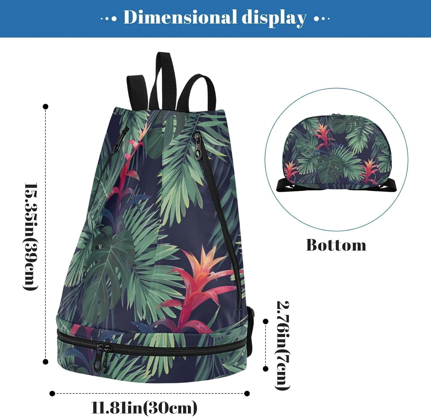 Poeticcity Gym Swimming Drawstring Bags Daypacks Backpack Purse Casual Knapsack Shoulder Bag Sitting Rucksack Exotic Hawaiian Guzmania Flowers, Monstera and Royal Palm Leaves