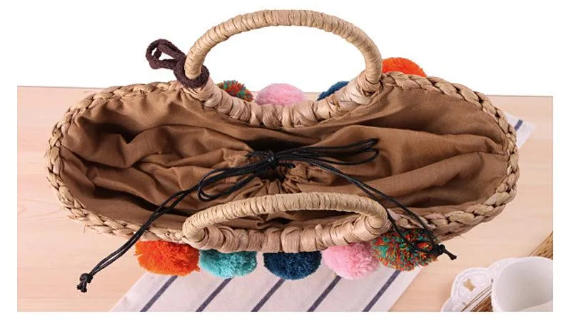 Pom Pom Woven Straw Basket Bag -Multi Color